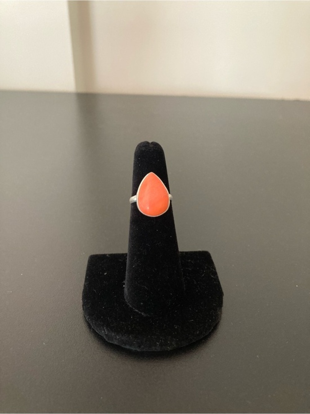 Teardrop Coral Stone Silver Ring - Coral Size 5